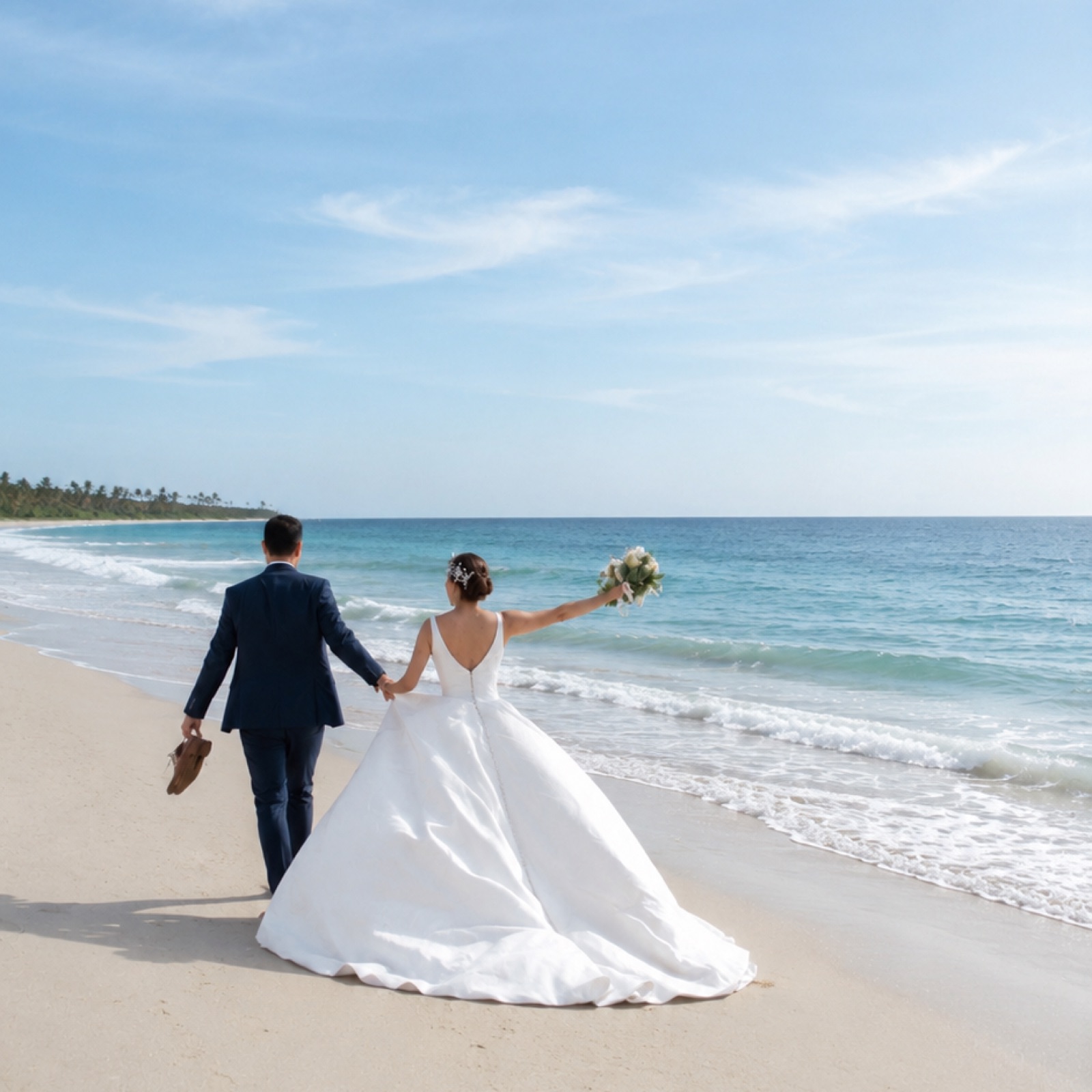 Pareja de recién casados caminando por la playa de Zicatela